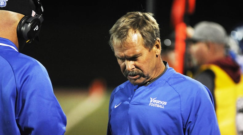 Steve Channell, shown during the 2018 season, resigned as the Miamisburg High School football coach in December 2018. MARC PENDLETON / STAFF