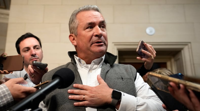 Rep. Don Bacon, R-Neb., speaks to reporters as Republicans meet to decide who to nominate to be the new House speaker, on Capitol Hill in Washington, Monday, Oct. 23, 2023. (AP Photo/Alex Brandon)