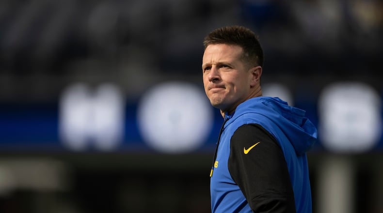 FILE - Los Angeles Rams offensive coordinator Mike LaFleur walks on the field before an NFL football game against the Seattle Seahawks Jan. 5, 2025, in Inglewood, Calif. (AP Photo/Kyusung Gong, File)