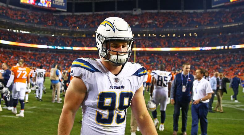 Los Angeles Chargers defensive end Joey Bosa leaves the field following the game against the Denver Broncos at Sports Authority Field at Mile High.