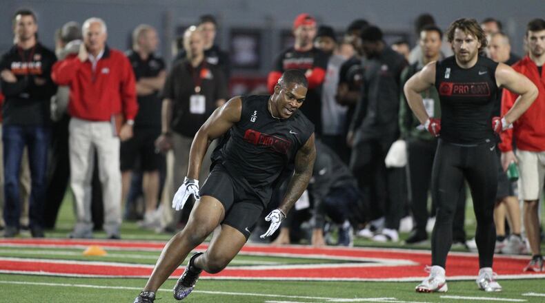 Raekwon McMillan works out at Ohio State’s Pro Day on Thursday, March 23, 2017, at the Woody Hayes Athletic Center in Columbus. David Jablonski/Staff