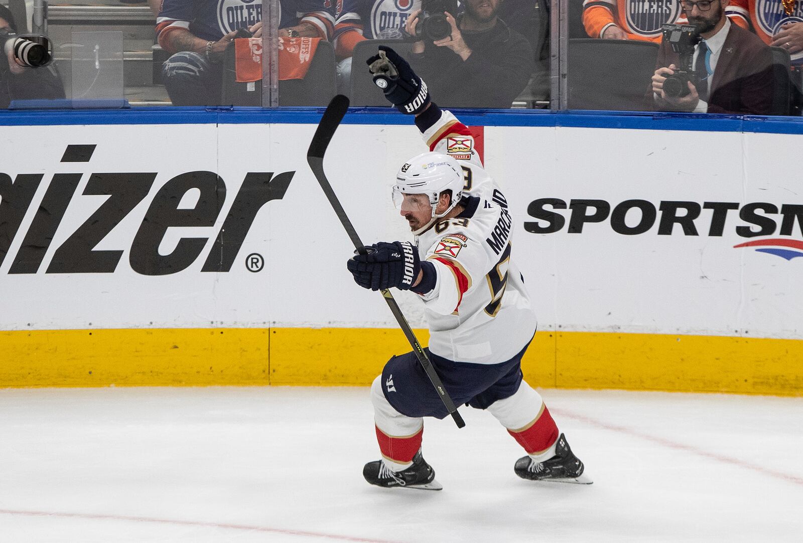 Florida Panthers' Brad Marchand (63) celebrates a goal against the Edmonton Oilers during the second period in Game 2 of the NHL hockey Stanley Cup Finals in Edmonton, Alberta, Friday, June 6, 2025. (Jason Franson/The Canadian Press via AP)