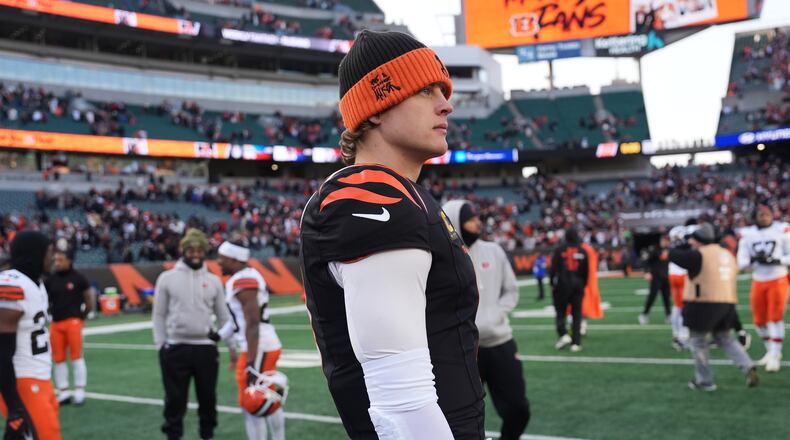 Cincinnati Bengals quarterback Joe Burrow reacts after an NFL football game against the Cleveland Browns, Sunday, Jan. 4, 2026, in Cincinnati. (AP Photo/Joshua A. Bickel)