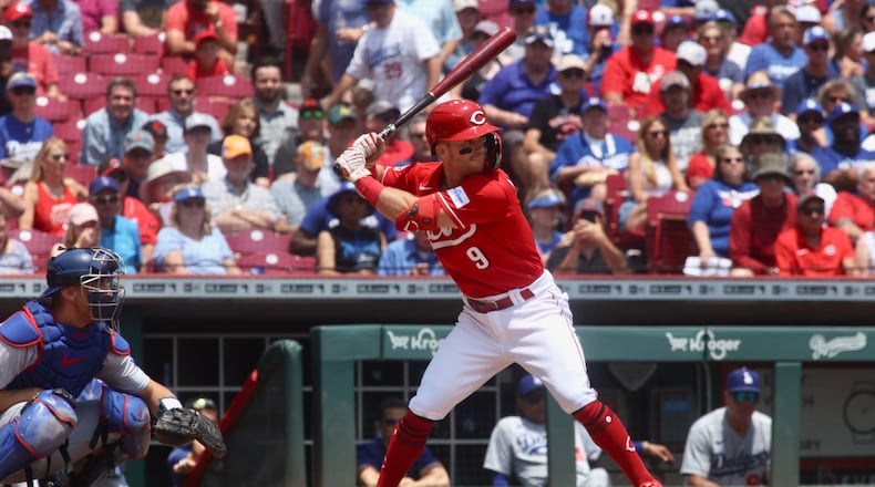 Matt McLain, of the Reds, bats the Dodgers on Thursday, June 8, 2023, at Great American Ball Park in Cincinnati. David Jablonski/Staff