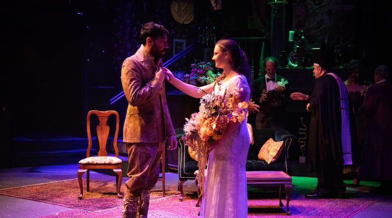 Frank Maranje (Oliver Bashforth) and Racheal Tingley (Laura Pennington) with Jim Walker (Mr. Rupert Smallwood) and Don Campbell (Rev. Charles Corsellis) in the Dayton Theatre Guild's presentation of 'The Enchanted Cottage." PHOTO BY RICK FLYNN PHOTOGRAPHY