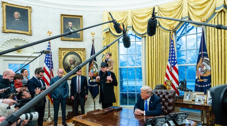 President Donald Trump and Elon Musk explain the administration’s cost-cutting efforts in the Oval Office of the White House in Washington, on Tuesday, Feb. 11, 2025. Musk has for weeks posted on social media about government spending, often amplifying and seeding false information. (Eric Lee/The New York Times)