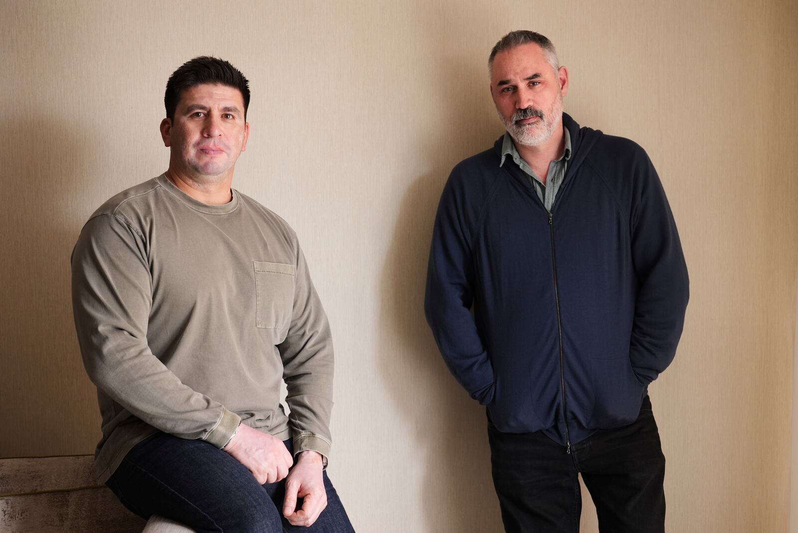 Ray Mendoza, left, and Alex Garland, co-writers and co-directors of the film "Warfare," pose together for a portrait at the London Hotel, Friday, March 28, 2025, in West Hollywood, Calif. (AP Photo/Chris Pizzello)