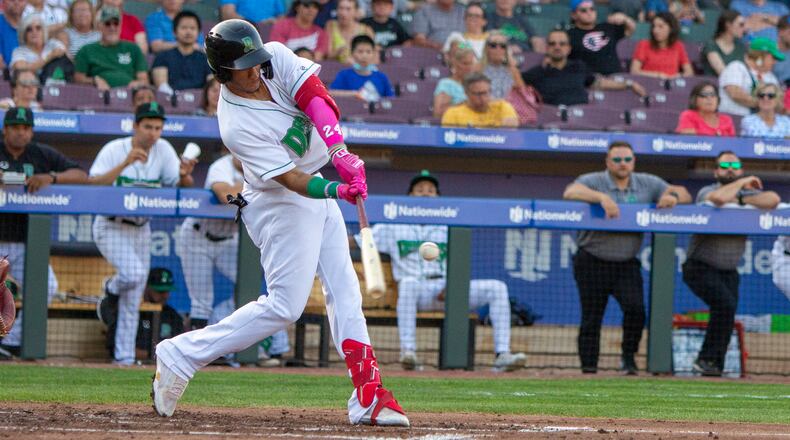 Allan Cerda connects for a home run in the second inning at DayAir Ballpark on Tuesday, May 31, 2022 The homer hit off the scoreboard and traveled an estimated 450 feet. Photo by Jeff Gilbert