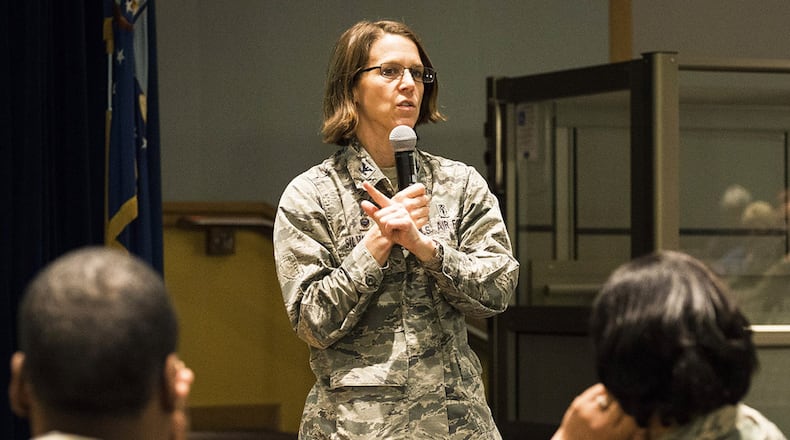 Col. Shari Silverman, 88th Medical Group commander, address the final Beneficiary Town Hall in the Medical Center Auditorium. (U.S. Air Force photo/Jim Varhegyi)