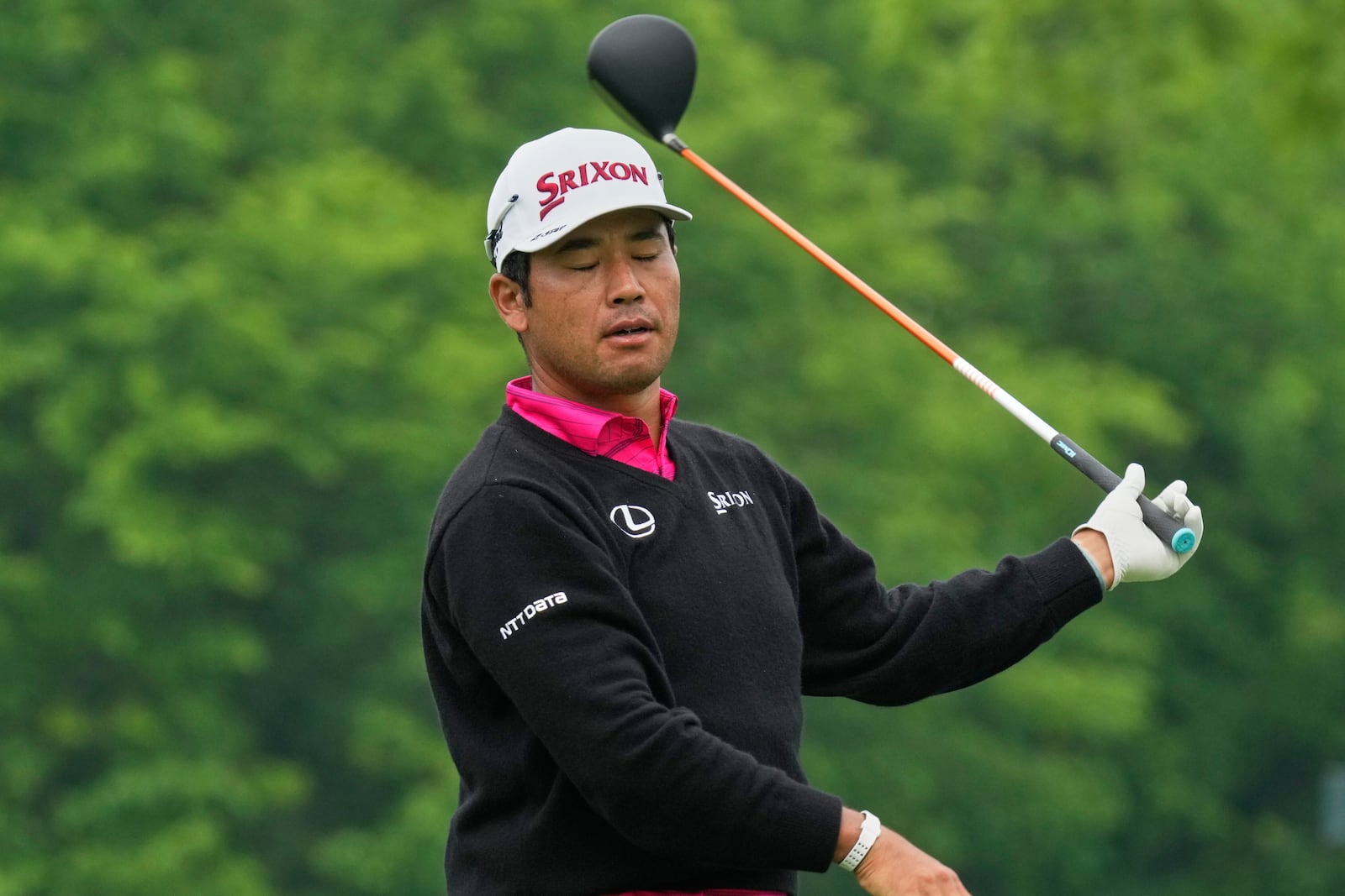 Hideki Matsuyama reacts to his shot after hitting from the 15th tee during the second round of the Memorial golf tournament Friday, May 30, 2025, in Dublin, Ohio. (AP Photo/Sue Ogrocki)