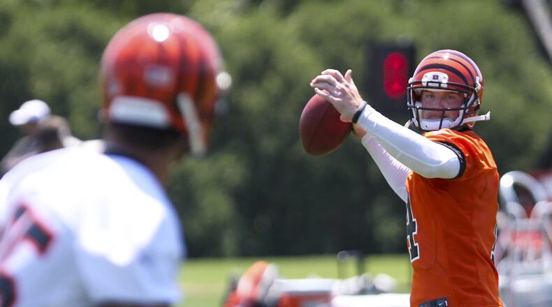 Bengals quarterback Andy Dalton (14) runs through drills during the first day of minicamp at Paul Brown Stadium, Tuesday, June 11, 2013. GREG LYNCH / STAFF