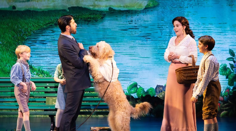 Ruby Gibbs (second from right) portrays the mother, Sylvia, in the touring production of “Finding Neverland.” CONTRIBUTED