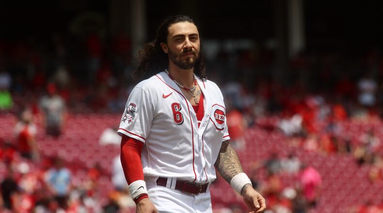 Jonathan India, of the Reds, reacts after an out against the the Rockies on Wednesday, June 21, 2023, at Great American Ball Park in Cincinnati. David Jablonski/Staff