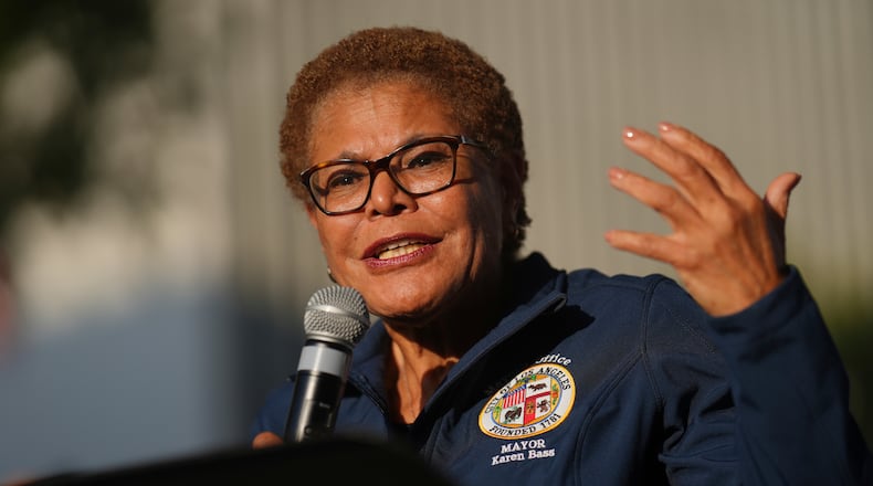 FILE - Mayor Karen Bass speaks at a vigil, June 10, 2025, in Los Angeles. (AP Photo/Eric Thayer, File)