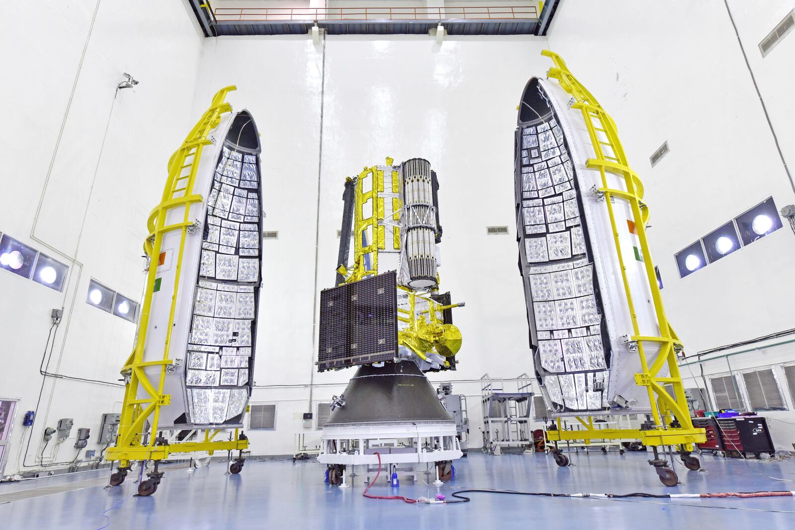 This photo provided by NASA shows the NISAR (NASA-ISRO Synthetic Aperture Radar) satellite on July 18, 2025, at the Indian Space Research Organization's Satish Dhawan Space Center in Sriharikota, Tirupati district, Andhra Pradesh, India. (Indian Space Research Organization/NASA via AP)