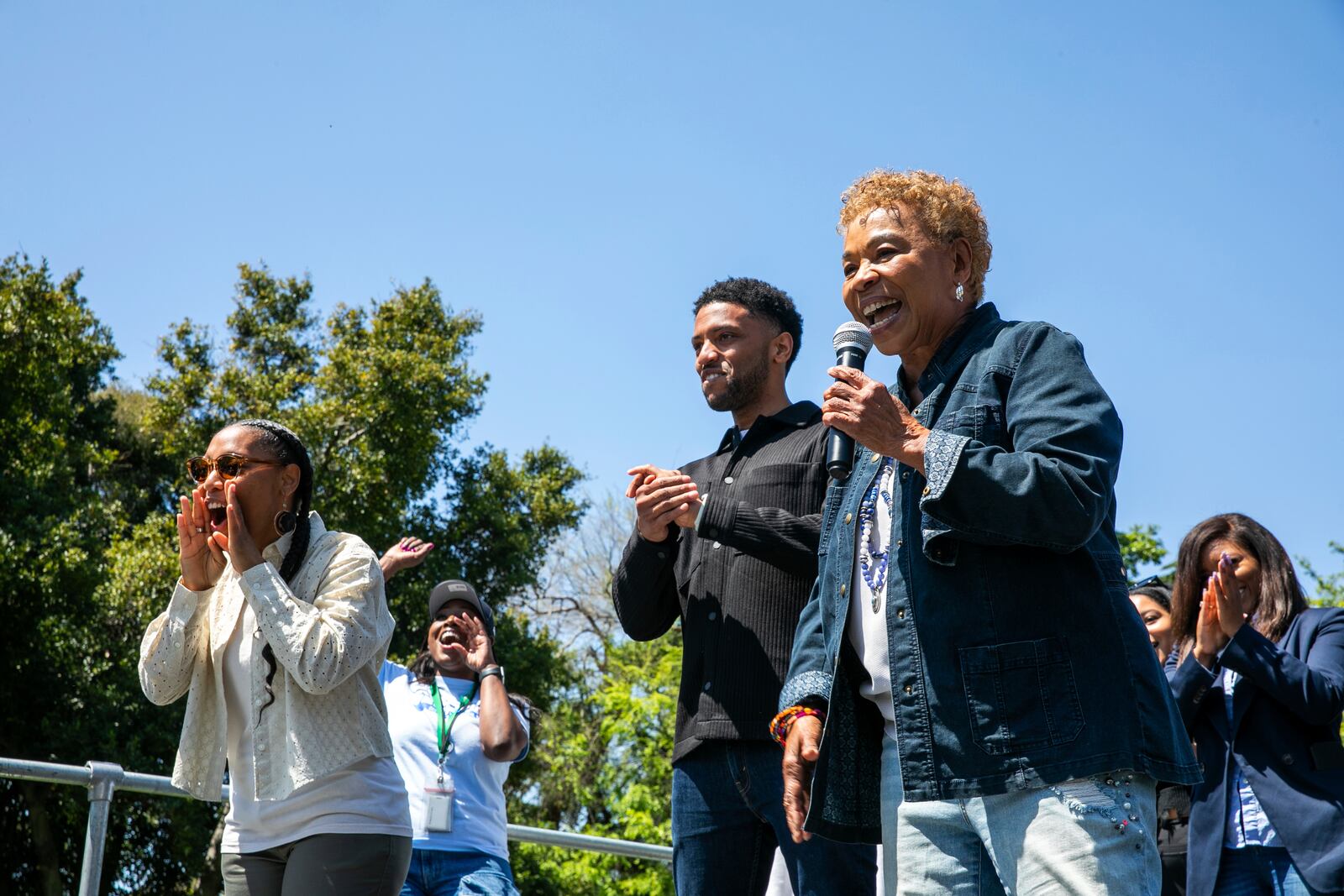 Former Rep. Barbara Lee makes her first public appearance as Oakland's Mayor-elect, alongside interim Mayor Kevin Jenkins, center, and Councilmember At-Large Rowena Brown at the Arroyo Viejo Recreation Center in Oakland in Oakland, Calif., on Saturday, April 19, 2025. (Yalonda M. James/San Francisco Chronicle via AP)
