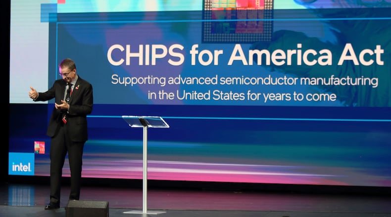 Intel CEO Patrick Gelsinger speaks during the announcement on Friday Jan. 21, 2022 in Newark, Ohio, that Intel will invest $20 billion to build two computer chip factories on a 1,000-acre site in Licking County, Ohio, just east of Columbus. (AP Photo/Paul Vernon)