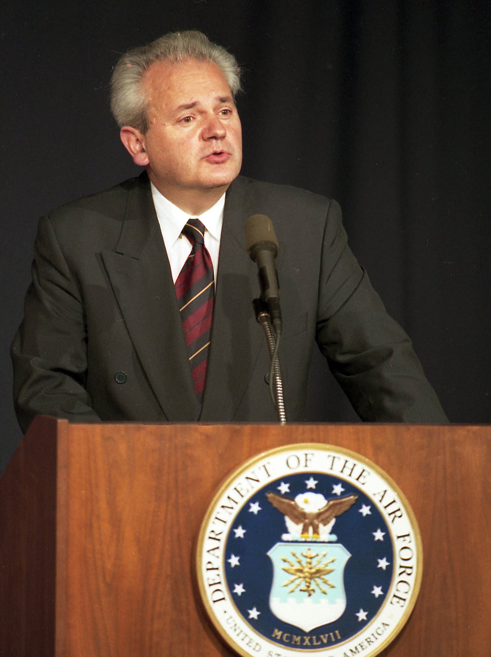 Slobodan Milosevic addresses the crowd at the signing of the Dayton Agreement of the Bosnia Peace Accord in Fairborn on Nov. 21, 1995. Skip Peterson/Dayton Daily News