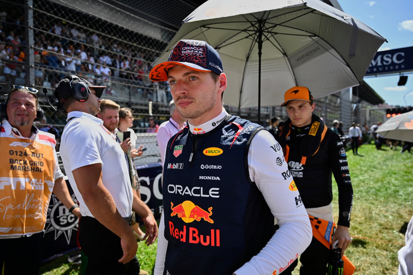 Red Bull driver Max Verstappen of the Netherlands stands at the starting grd before the Austrian Formula One Grand Prix in Spielberg, Austria, Sunday, June 29, 2025. (AP Photo/Denes Erdos, Pool)