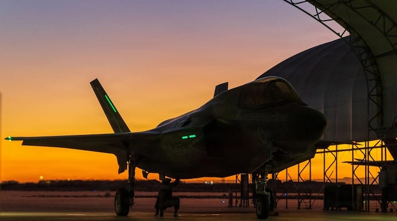 A Marine with Marine Fighter Attack Squadron (VMFA) 122, Marine Aircraft Group 13, 3rd Marine Aircraft Wing, conducts pre-flight checks on an F-35B Lightning II at Marine Corps Air Station Yuma, Ariz., Nov. 9, 2025. (U.S. Marine Corps photo by Lance Cpl. Nicole Stuart)