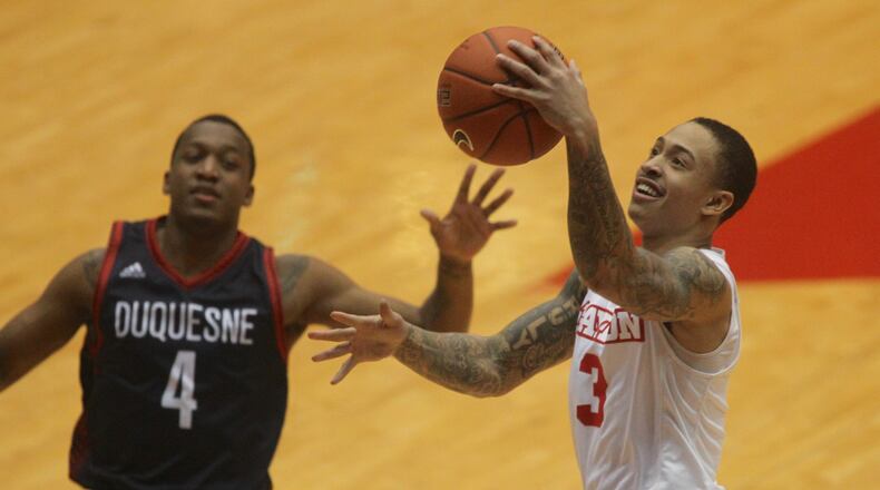 Dayton's Kyle Davis scores against Duquesne on Feb. 4, 2017, at UD Arena.