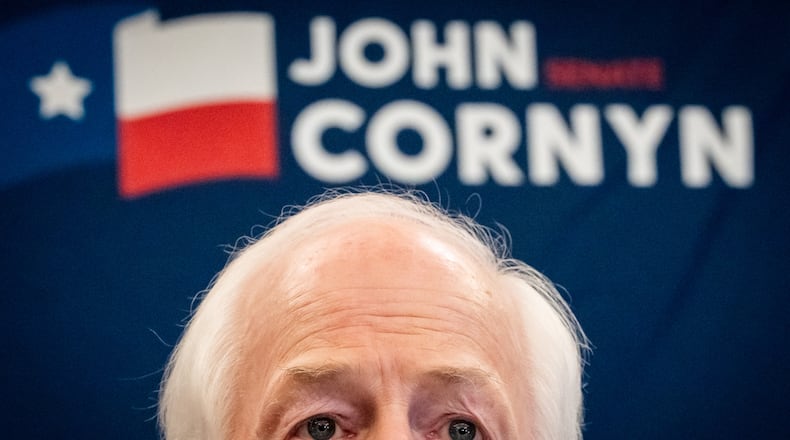 Sen. John Cornyn, R-Texas, speaks to the media Tuesday, March 3, 2026, in Austin. (Sara Diggins/Austin American-Statesman via AP)