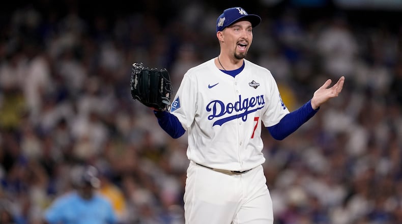 Los Angeles Dodgers' pitcher Blake Snell reacts to a call during the fifth inning in Game 5 of baseball's World Series against the Toronto Blue Jays, Wednesday, Oct. 29, 2025, in Los Angeles. (AP Photo/Ashley Landis)