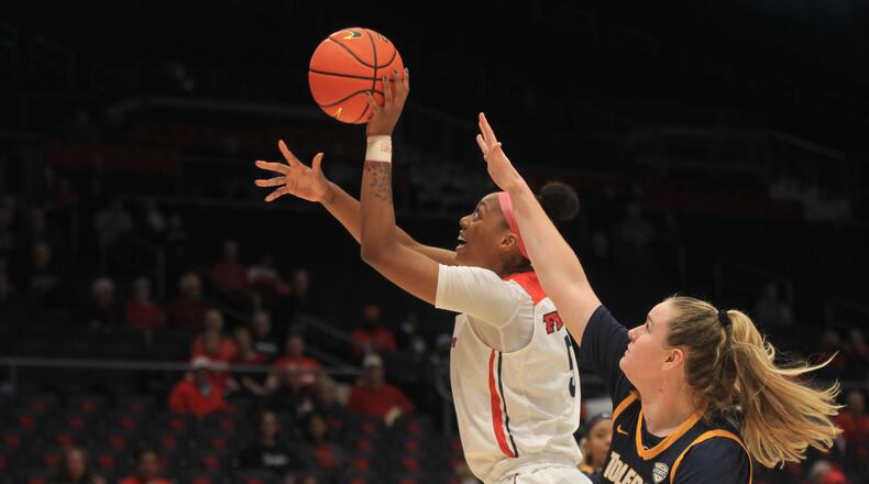 Dayton's Kyla Whitehead shoots against Toledo on Wednesday, Nov. 17, 2021, at UD Arena. David Jablonski/Staff