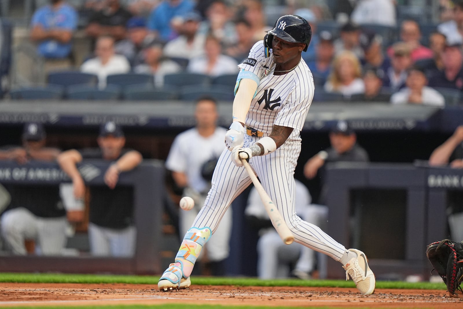 New York Yankees' Jazz Chisholm Jr. hits a three-run home run during the first inning of a baseball game against the Boston Red Sox Friday, June 6, 2025, in New York. (AP Photo/Frank Franklin II)