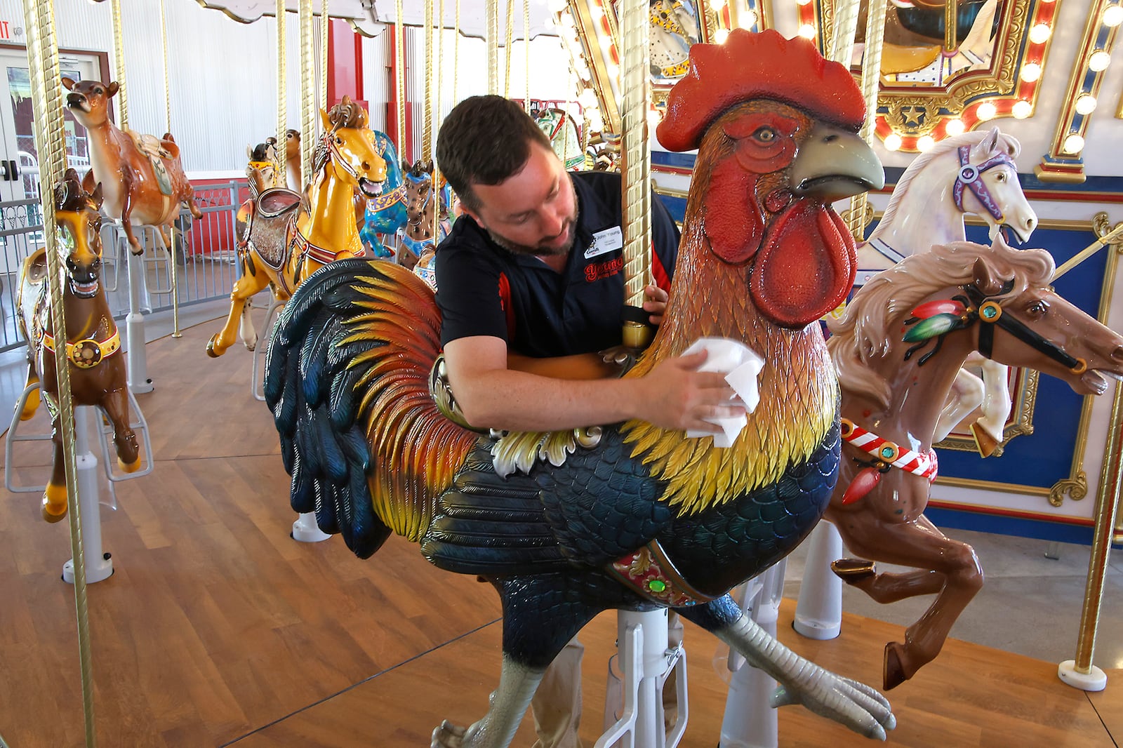 John Young wipes off the giant chicken that's part of the Cowtherine's Carousel at Young's Jersey Dairy Monday, July 1, 2024. BILL LACKEY/STAFF