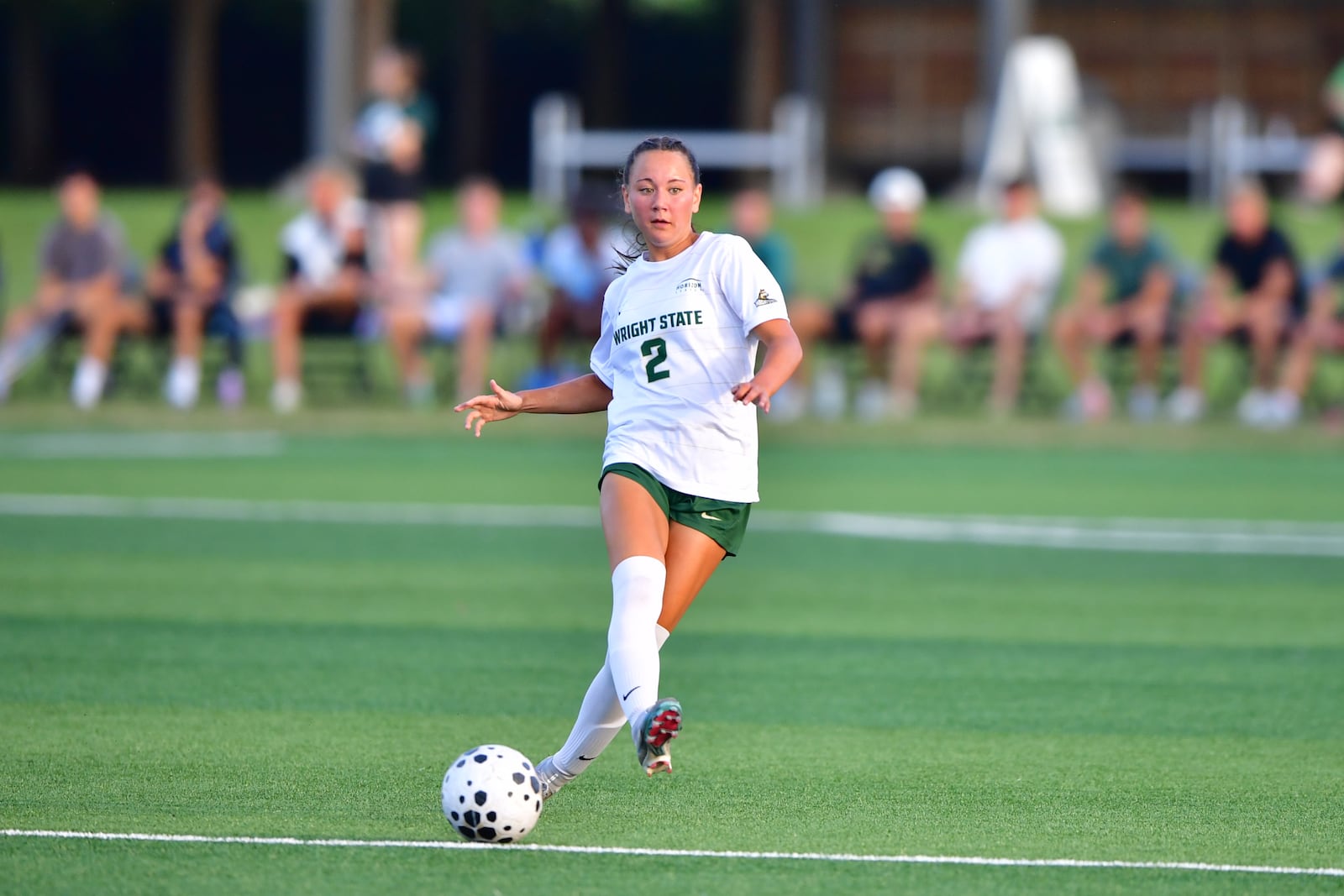 Wright State University sophomore Alyssa Peh kicks the ball during their match against the University of Dayton earlier this season in Fairborn. JOSEPH R. CRAVEN / WRIGHT STATE ATHLETICS