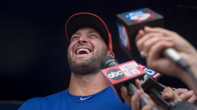 August 10, 2017 - Tampa, Florida, U.S. - TIM TEBOW answers questions for the media during a press conference at Steinbrenner Field. ( Charlie Kaijo/Tampa Bay Times/ZUMA Wire/TNS)