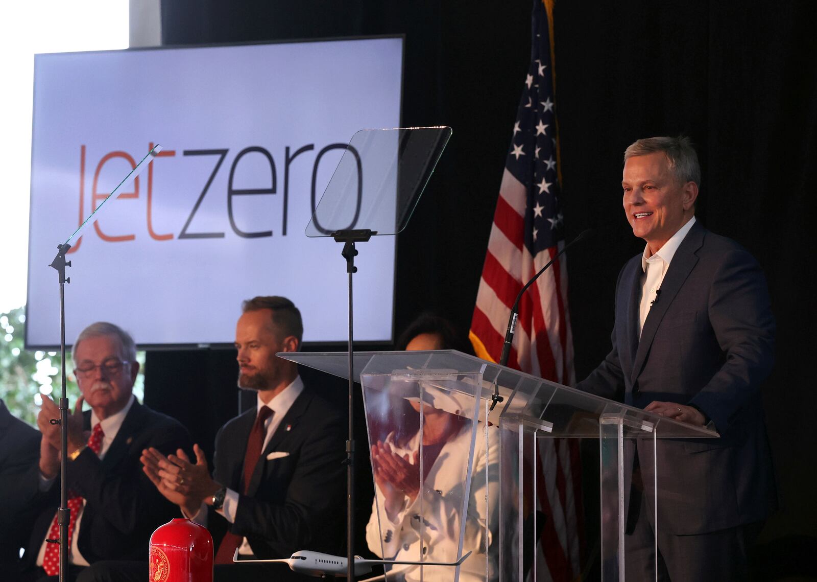 North Carolina Gov. Josh Stein makes an announcement that JetZero will build its manufacturing facility for its future Z4 passenger jet at Piedmont Triad International Airport in Greensboro, during a ceremony on Thursday, June 12, 2025 at PTI Airport in Greensboro, N.C. (Walt Unks/The Winston-Salem Journal via AP)