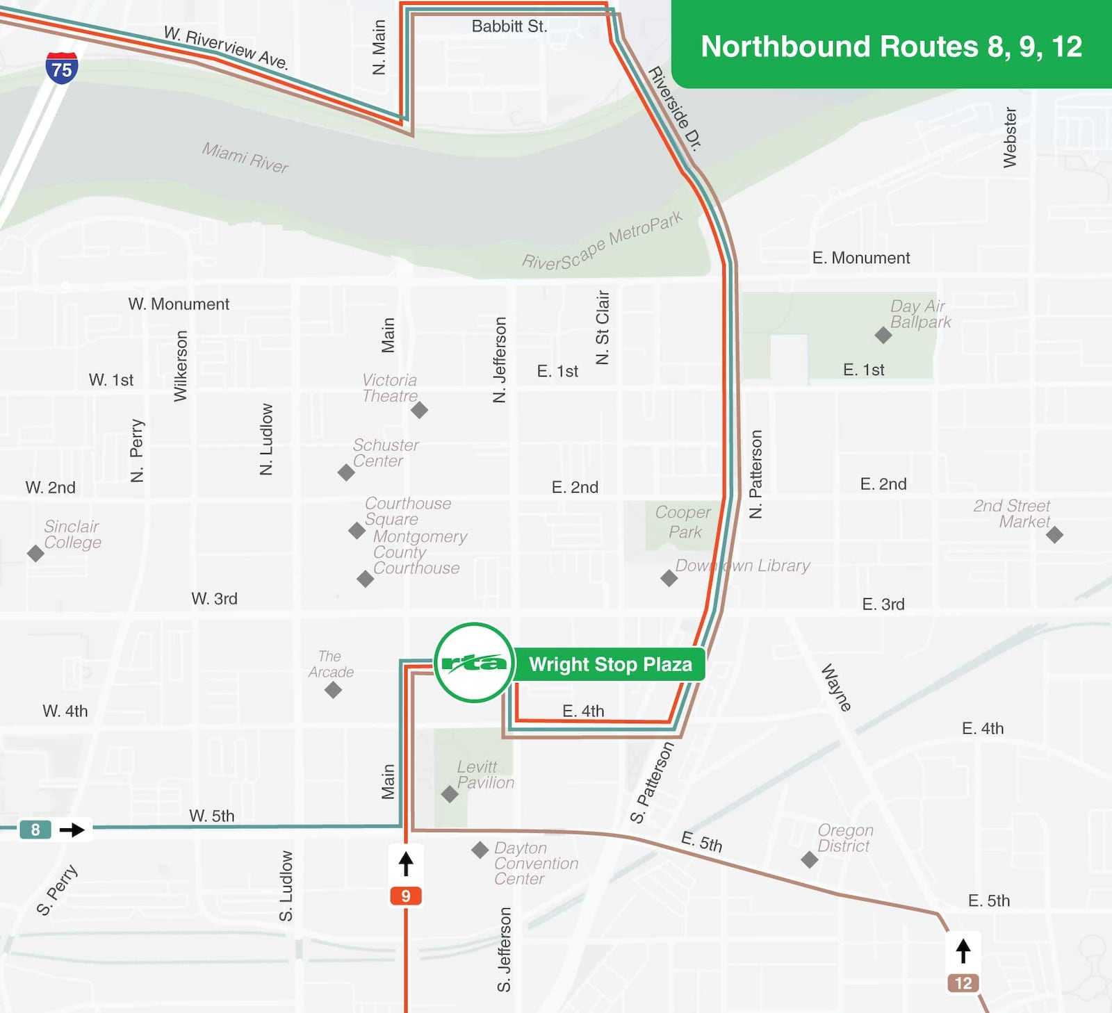 Northbound Routes 8, 9 and 12 - From South Main Street they will turn right into Wright Stop Plaza. When exiting Wright Stop Plaza, they will turn right onto Jefferson Street, left onto Fourth Street, left onto Patterson Boulevard, which turns into Riverside Drive, left onto Babbit Street, left onto Main Street and then right onto Riverview Avenue. (CONTRIBUTED: RTA)