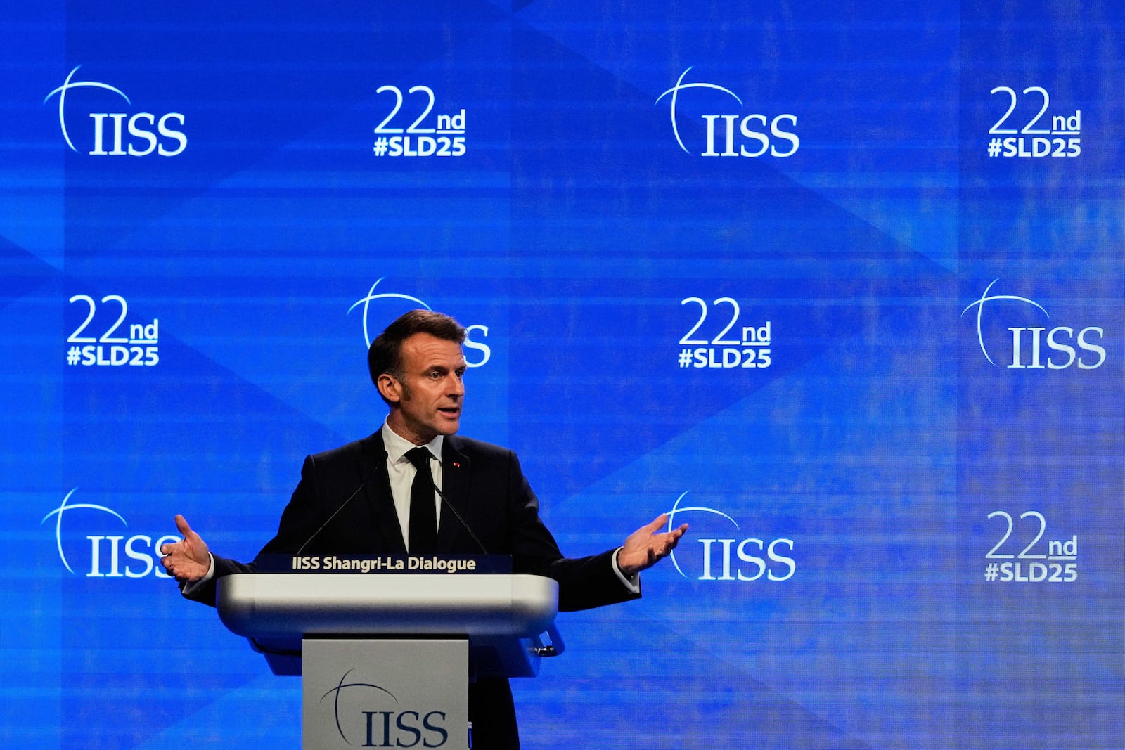 French President Emmanuel Macron delivers his speech during the 22nd Shangri-La Dialogue summit in Singapore, Friday, May 30, 2025. (AP Photo/Anupam Nath)