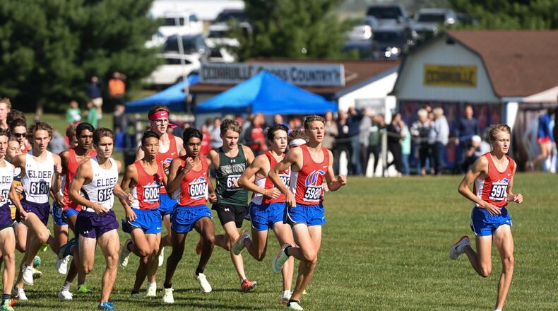 The Carroll boys cross country team races at the Midwest Catholic Championships at Cedarville University on Saturday, September 24, 2022. Contributed photo