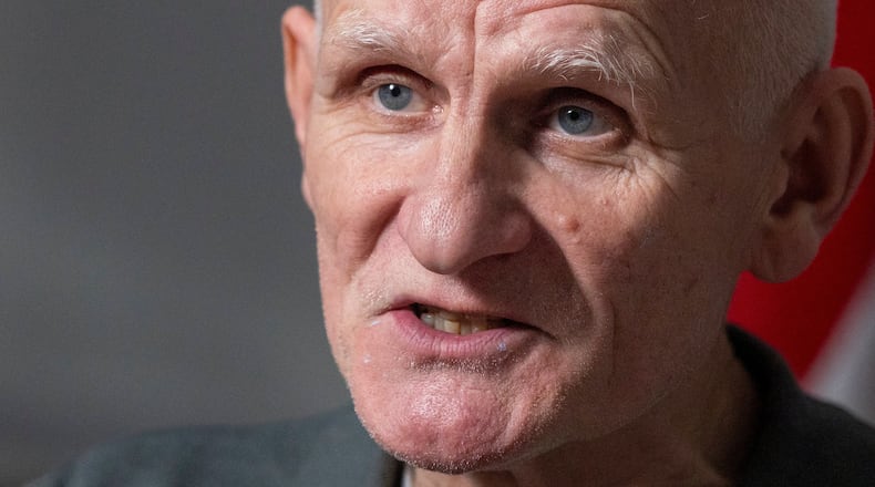 Nobel Peace Prize laureate Ales Bialiatski, one of the Belarusian prisoners released on Saturday, speaks during an interview with the Associated Press in Vilnius, Lithuania, on Sunday, Dec. 14, 2025. (AP Photo/Mindaugas Kulbis)