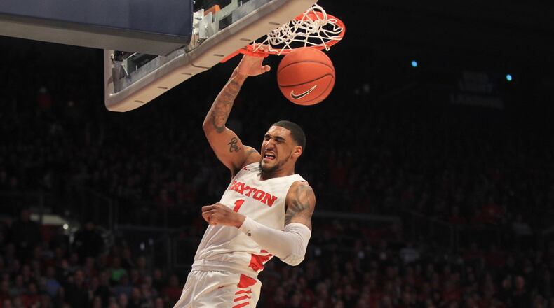 Dayton’s Obi Toppin dunks against Rhode Island on Tuesday, Feb. 11, 2020, at UD Arena. David Jablonski/Staff