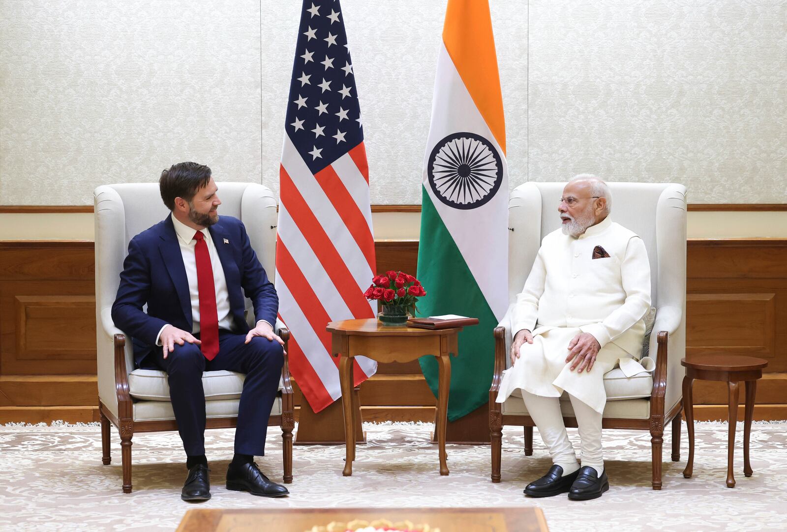 U.S. Vice President JD Vance talks with Indian Prime Minister Narendra Modi during a meeting in New Delhi, India, Monday, April 21, 2025. (Indian Prime Minister's Office via AP)