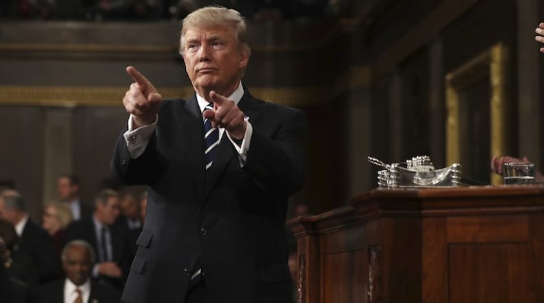 President Donald Trump reacts after addressing a joint session of Congress on Capitol Hill in Washington, Tuesday, Feb. 28, 2017. (Jim Lo Scalzo/Pool Image via AP)