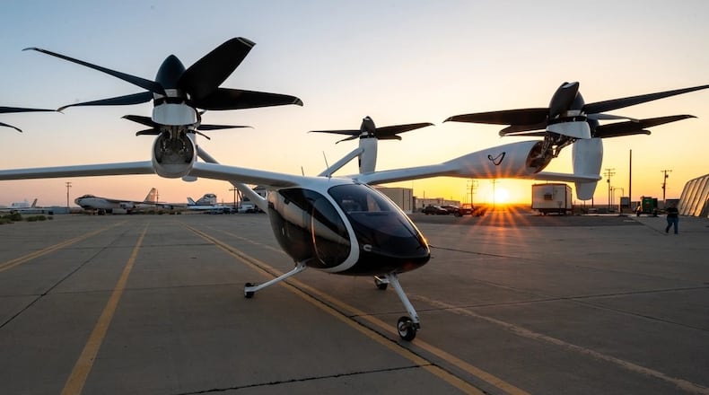 A Joby Aviation, Inc. electronic vertical take-off and landing aircraft is parked following a ground test at Edwards Air Force Base, Calif. in September 2023. (Air Force photo by Harlan Huntington)