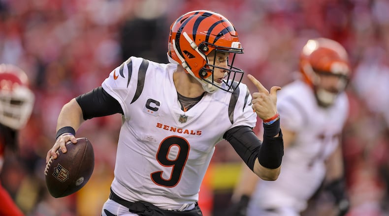 Bengals QB Joe Burrow during the fourth quarter of the AFC Championship against the Kansas City Chiefs at Arrowhead Stadium on Jan. 30, in Kansas City. David Eulitt/Getty Images