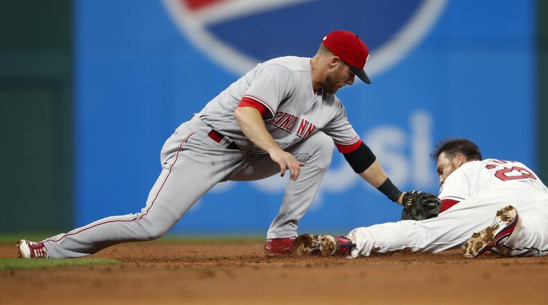 Zack Cozart #2 of the Cincinnati Reds tags out Jason Kipnis #22 of the Cleveland Indians attempting to steal second base during the seventh inning at Progressive Field on May 24, 2017 in Cleveland, Ohio. (Photo by Ron Schwane/Getty Images)