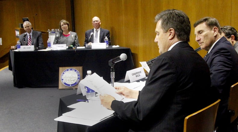 The House Oversight & Government Reform Subcommittee on Government Operations held a field hearing in 2013 at Sinclair Community College in Dayton on how the pensions of Delphi salaried retirees were treated. U.S. Rep. Mike Turner (foreground) and U.S. Rep. John Mica (R-FL) (right) and a panel which included Bruce Gump of Warren, OH, Mary Miller of Washington Twp., and Tom Rose of Washington Twp. (left to right) who represented the Delphi Salaried Retirees Association, participated in the hearing. LISA POWELL / STAFF