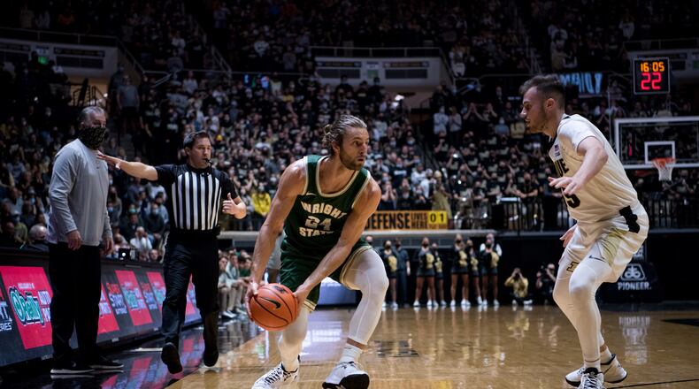 Wright State's Tim Finke looks to make a pass during the Radiers' game at Purdue on Nov. 16, 2021. Joe Craven/Wright State Athletics