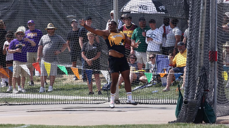 Centerville's Cameron Gay throws the discus in the Division I state track meet on Saturday, June 3, 2023, at Jesse Owens Memorial Stadium in Columbus, Ohio. David Jablonski/Staff