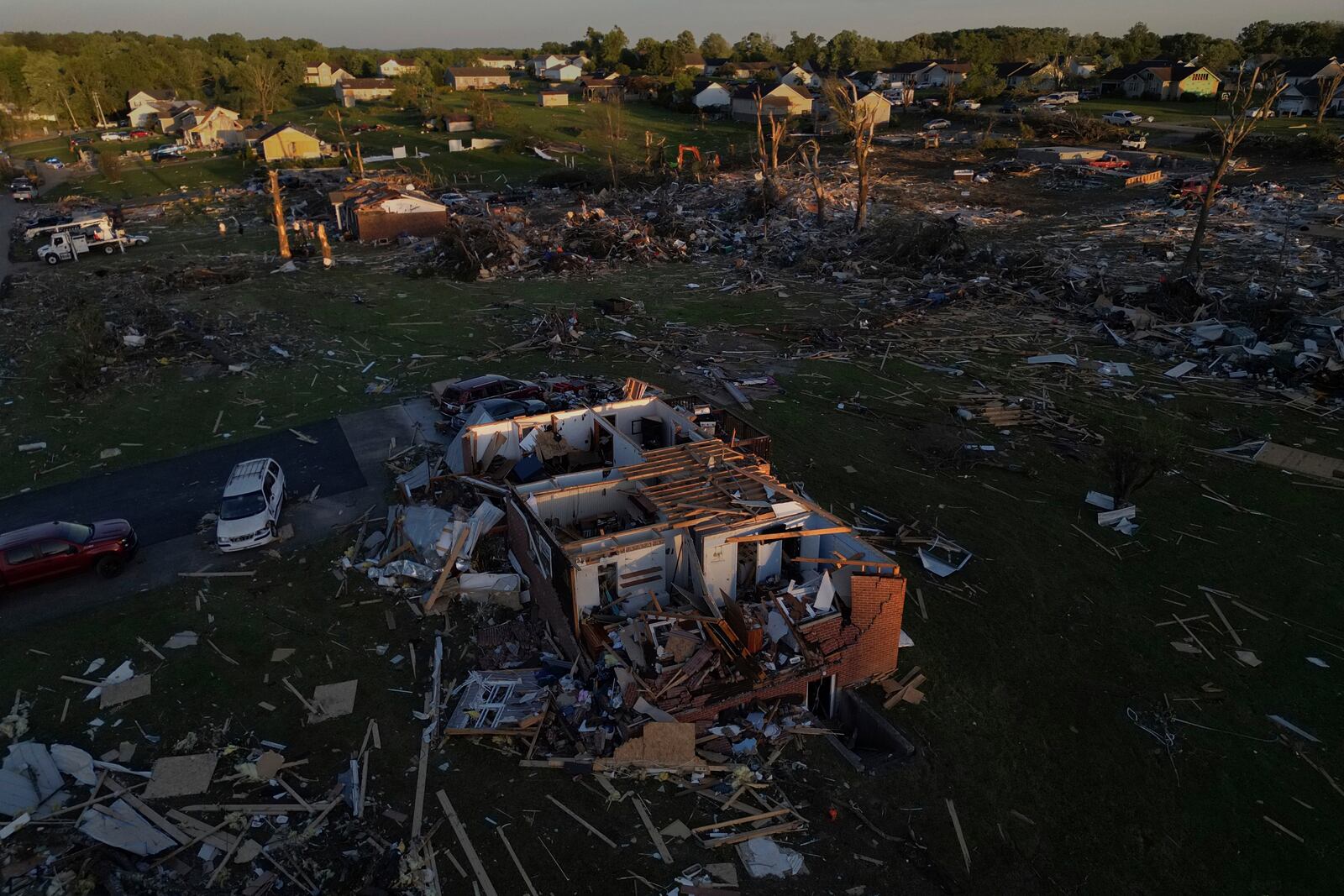 Destroyed homes are seen after a severe storm passed through the area, Saturday, May 17, 2025, in London, Ky. (AP Photo/Carolyn Kaster)
