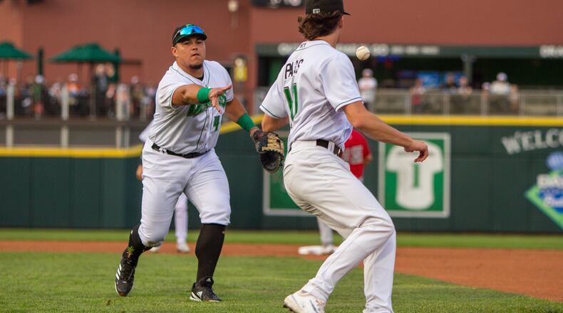 Dayton first baseman tosses to pitcher Hunter Parks covering first base, but Fort Wayne's Carlos Luis was safe for a single in the first inning Tuesday night at Day Air Ballpark. CONTRIBUTED/Jeff Gilbert