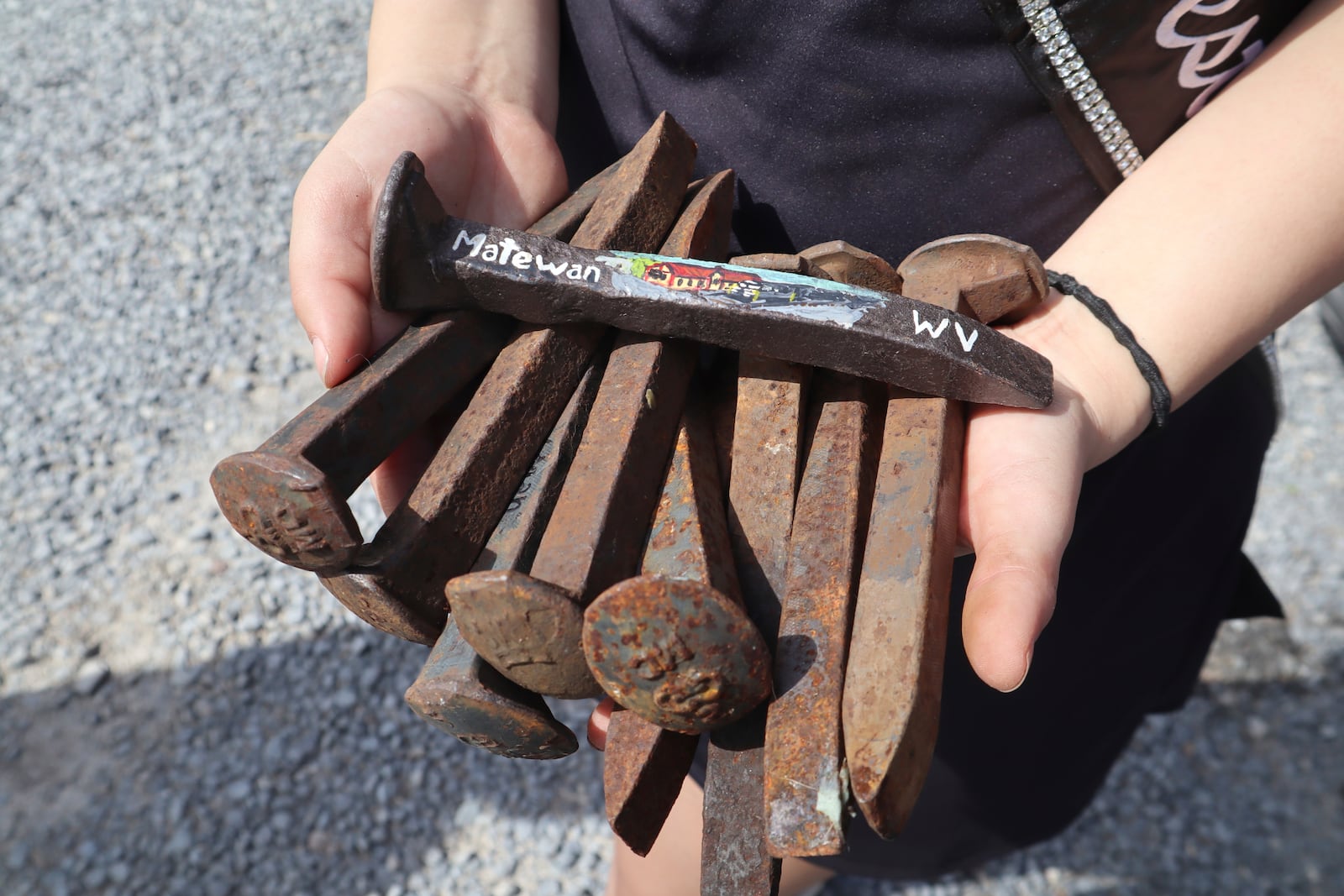 West Virginia Coal Festival teen beauty pageant winner Ava Johnson, 16, holds railroad spikes from her collection built from visiting abandoned mining communities in the New River Gorge National Park and Preserve near Fayetteville, W.Va., Thursday, April 17, 2025, (AP Photo/Leah Willingham)