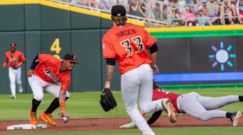 Dragons second baseman Victor Acosta waits to tag out Great Lakes' Logan Wagner who broke early to try to steal second base and was thrown out by pitcher Luke Hayden to end the first inning Friday night at Day Air Ballpark. Jeff Gilbert/CONTRIBUTED